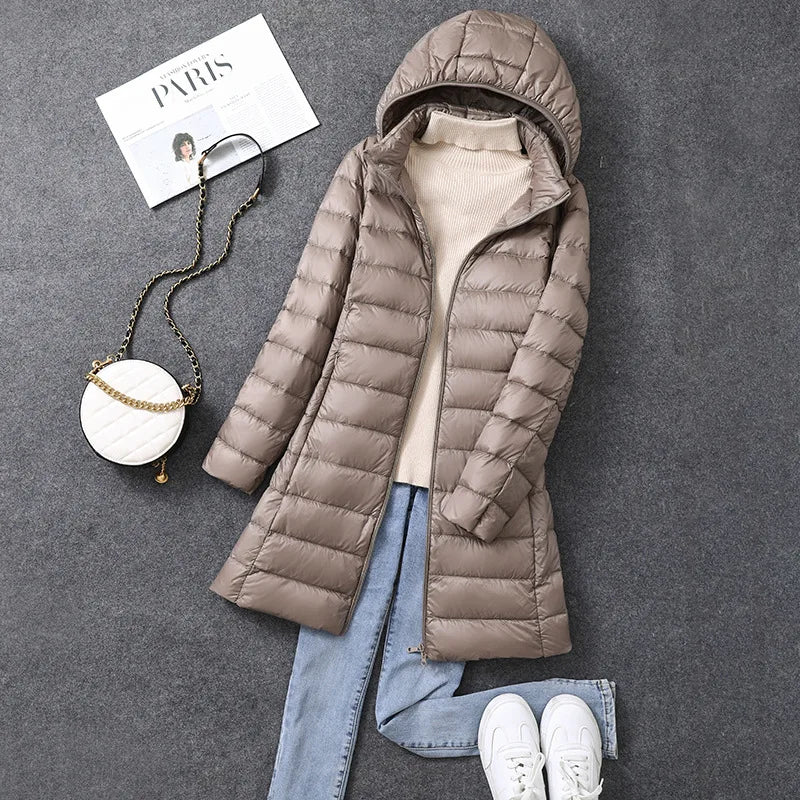 Women's X-long Office Lady Hat Detachable Puffer Jackets 2025 New Arrival Autumn Winter White Duck Down Warm Coat