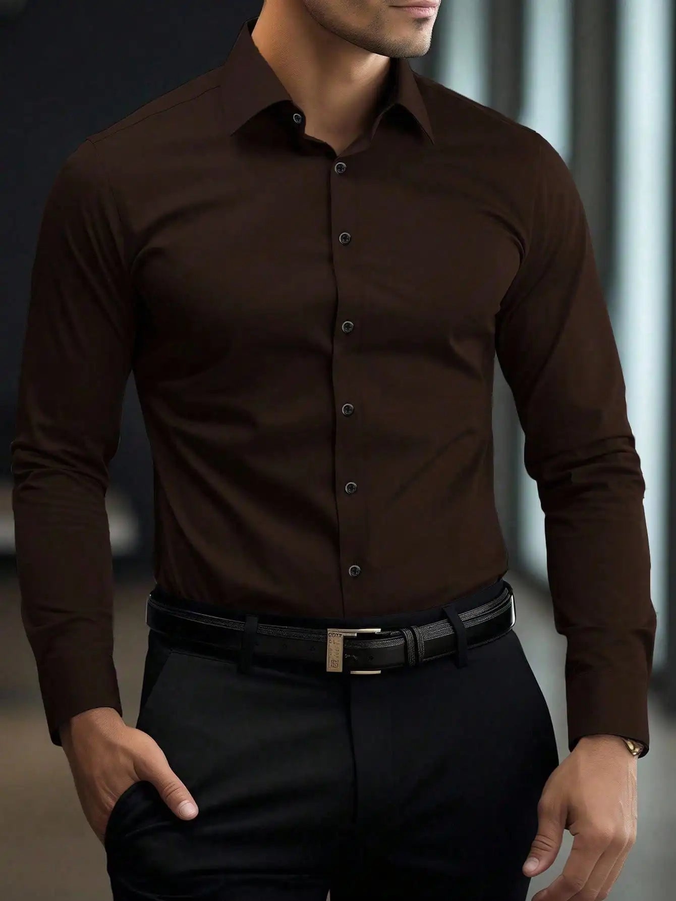 Men's Slim Fit Solid White Long Sleeve Button-Up Shirt for Business Casual Wear