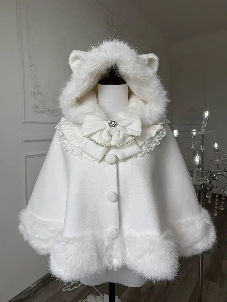 Winter 2025 New Lolita Shawl Overcoat Women Design Bow Hooded Patchwork Kawaii Cope Coat Female Warm Chic Sweet Fur Collar Coat