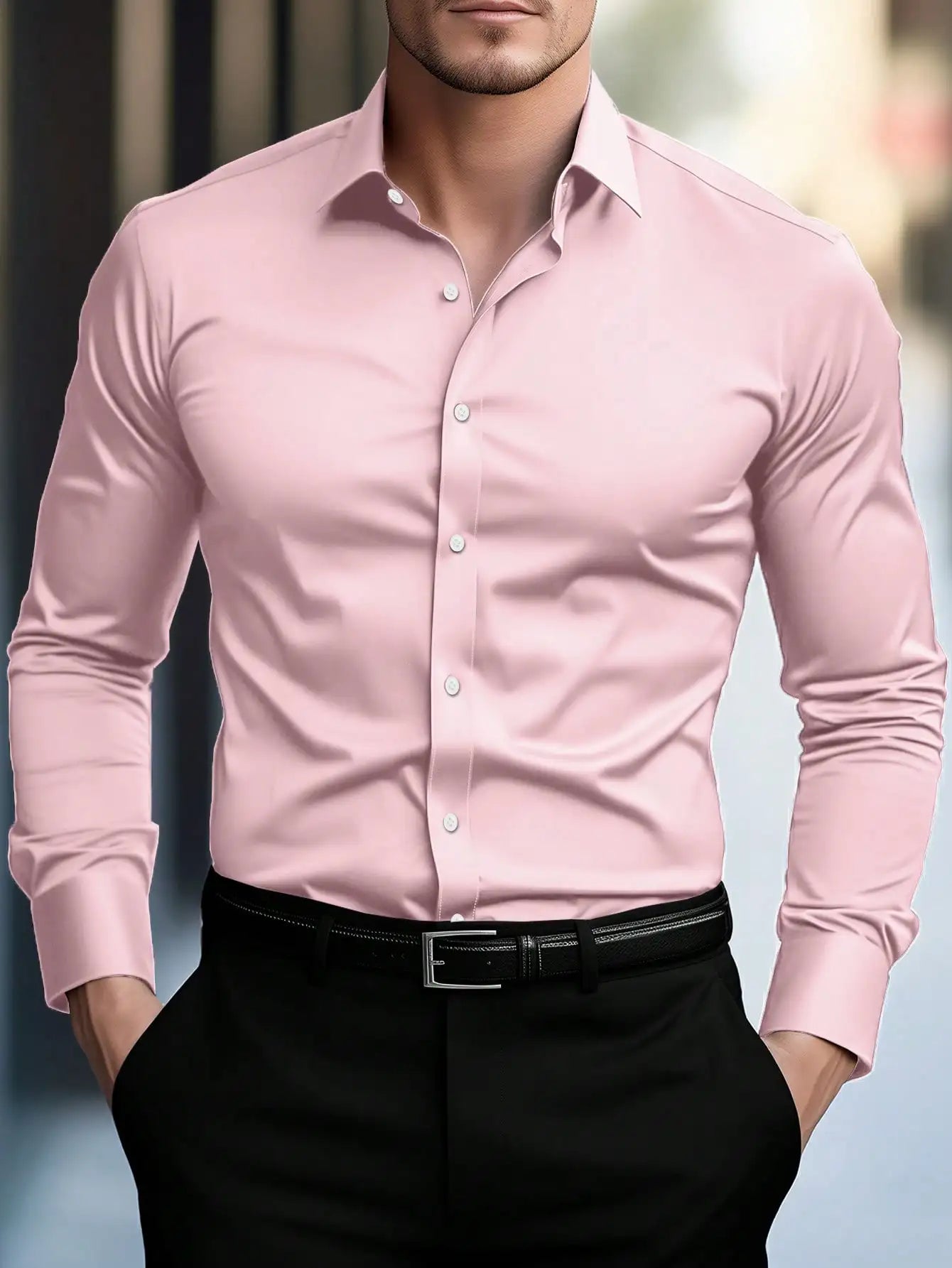 Men's Slim Fit Solid White Long Sleeve Button-Up Shirt for Business Casual Wear