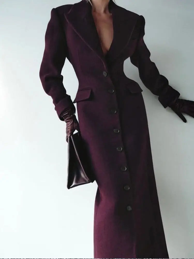 Women's Long Coat Slim V Neck Single Breasted Overcoats Shoulder Pad Maxi Jackets with Belt 2025 New Winter Lady Commute Outwear