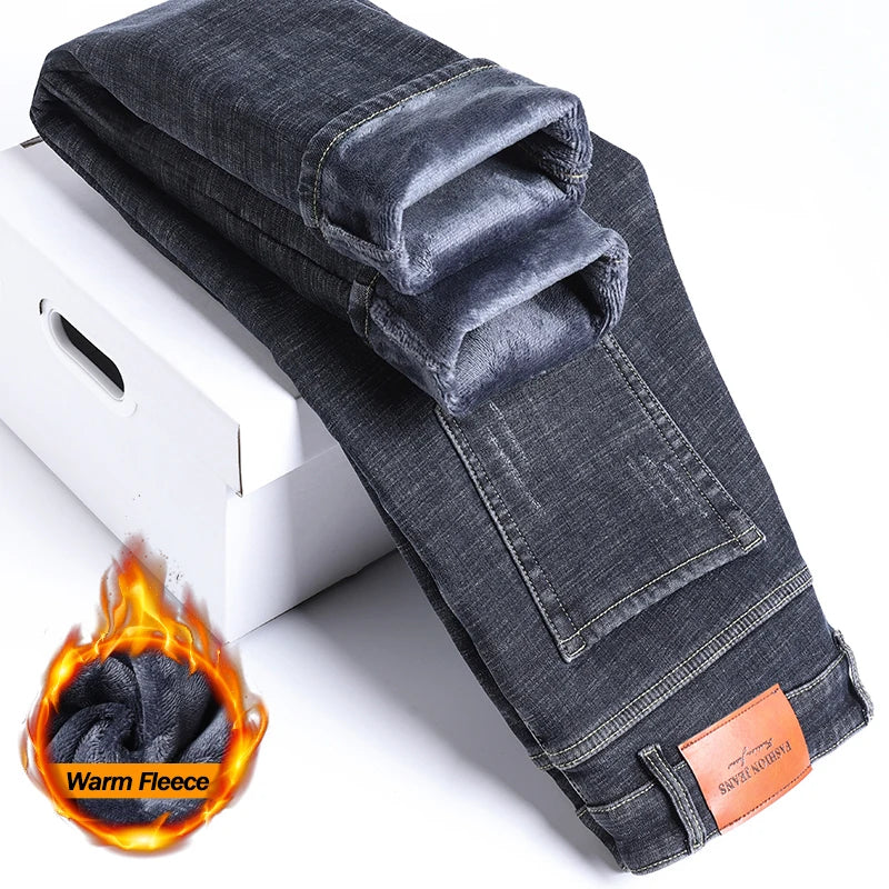 2025 Winter Fleece Jeans Men's Fashion Elastic Slim Straight Warm Trousers Thicken Business Casual Korean Thermal Denim Pants