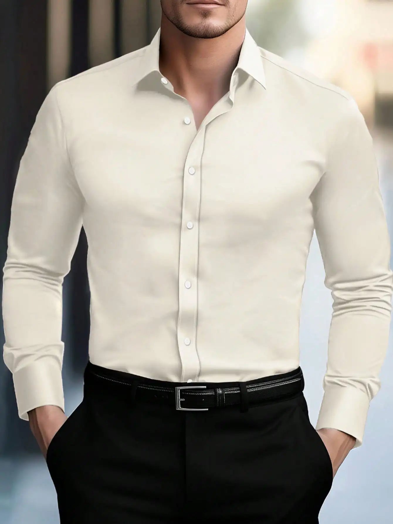 Men's Slim Fit Solid White Long Sleeve Button-Up Shirt for Business Casual Wear