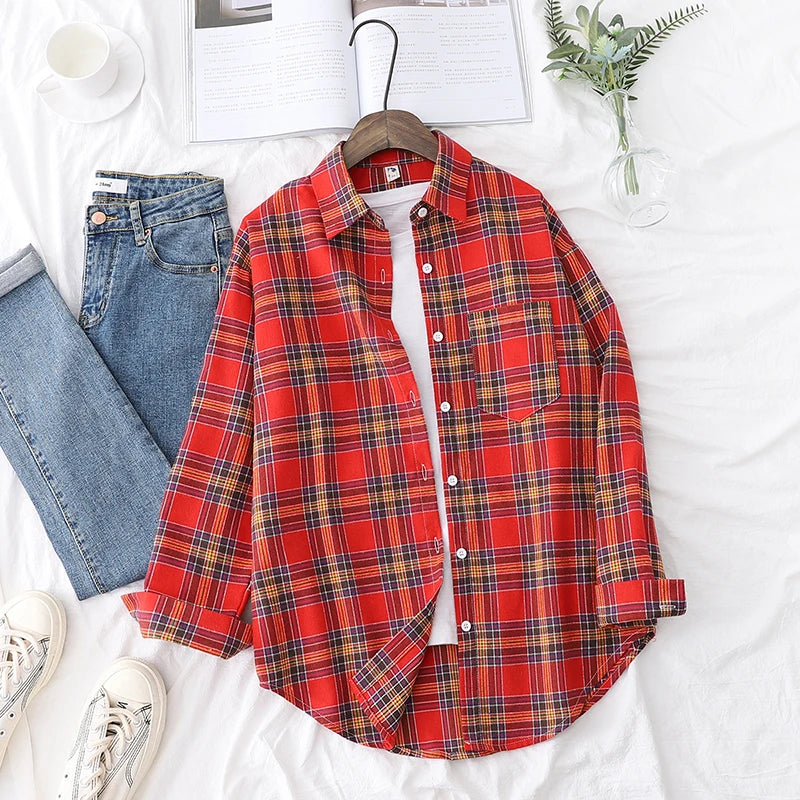 Fresh Flannel Plaid Shirt Women 2025 New Female Blouses and Tops Cotton Loose Long Sleeve Casual Shirts Fine Women's Clothes