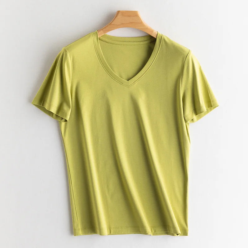 6% Real Silk Cotton Modal Women's T-shirt 2026 Summer Tees Short Sleeve Solid Tee Shirts V-neck Casual Woman Basic T shirt Tops