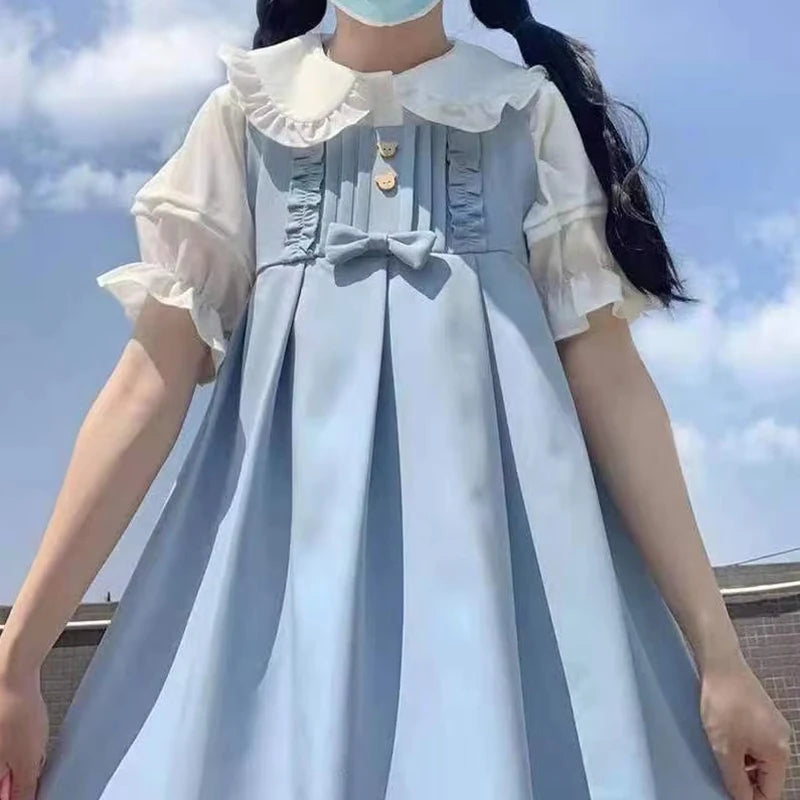 Zoki Japanese Sweet Women Blouses Lolita Style White Kawaii Peter Pan Collar Jk Shirt Cute Preppy Ruffle Puff Short Sleeve Tops