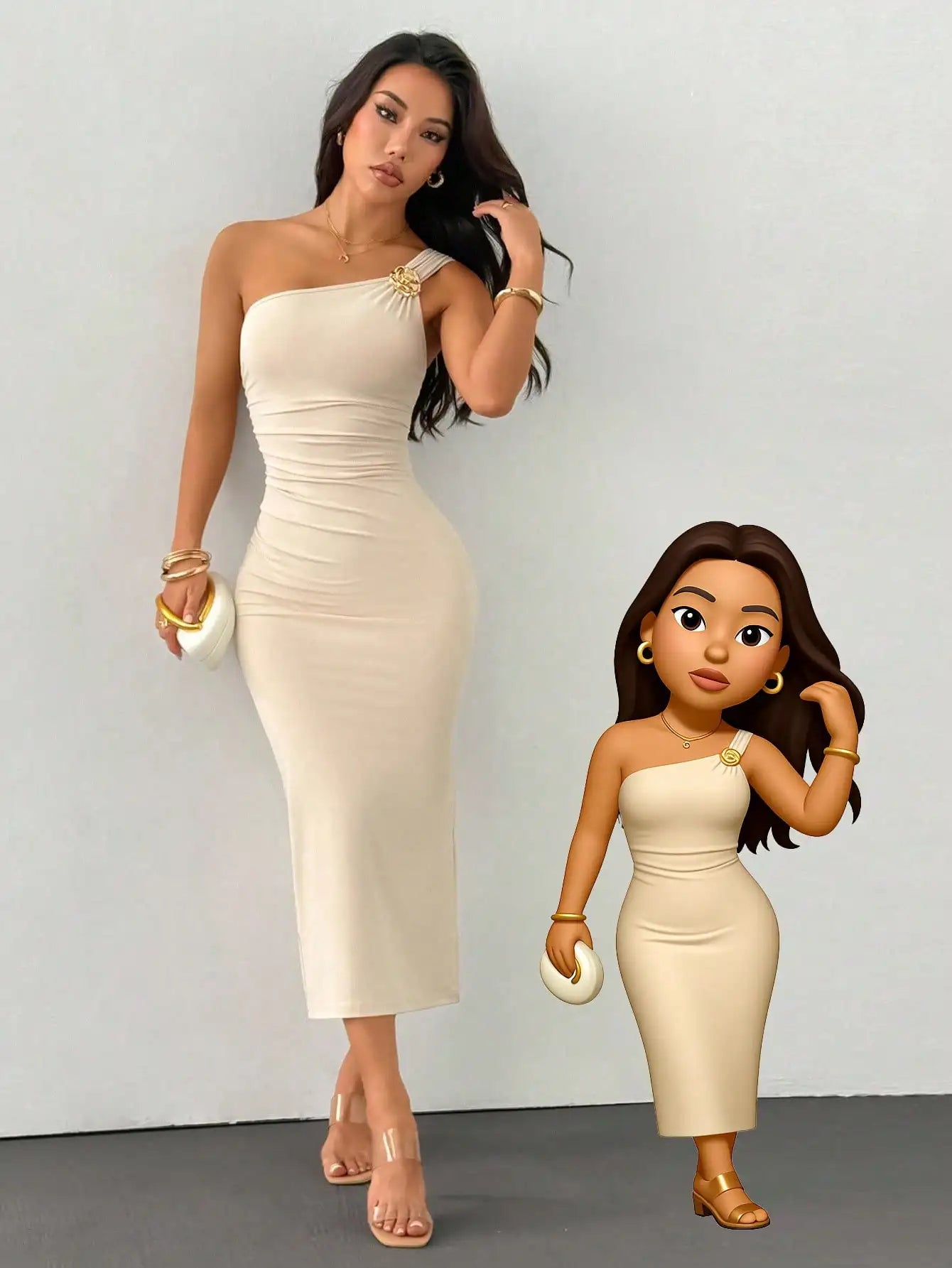 One Shoulder Ruched Fishtail Dress With Gold Brooch Asymmetric Neck Party Dress