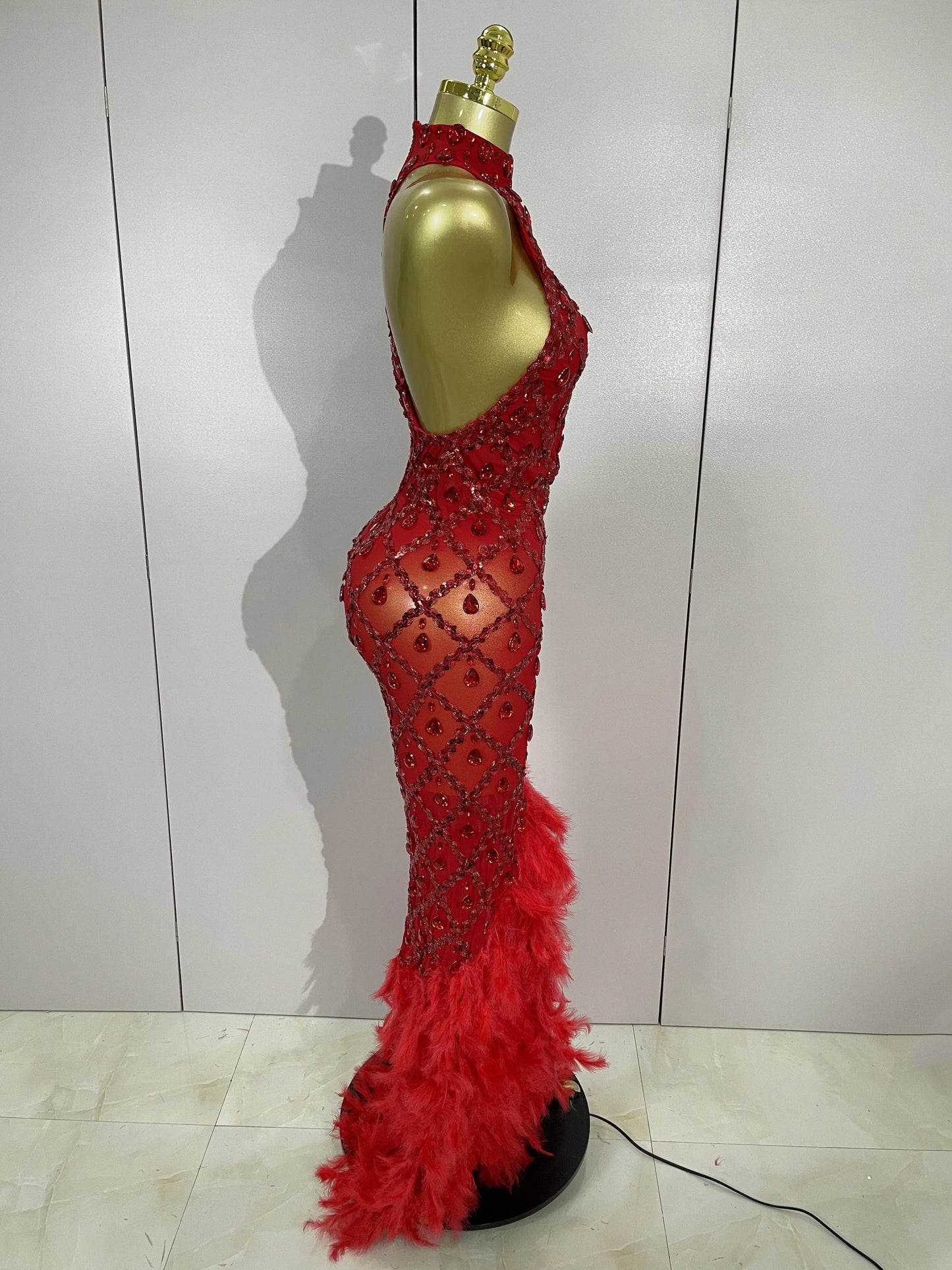 Luxury Sparkly Red Rhinestones Feather Sexy Mesh See Through Long Dress Women Birthday Evening Nightclub DJ Dancer Stage Costume