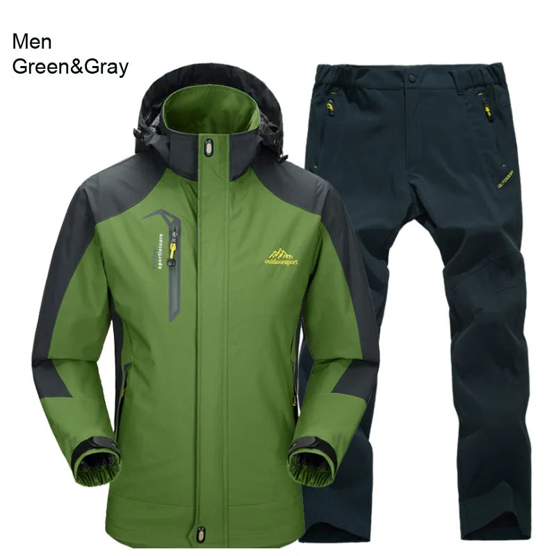 Outdoor Hiking Jacket and Pants Sets Men Autumn Thermal Waterproof Windproof Hooded Jackets Trip Mountain Camping Clothes
