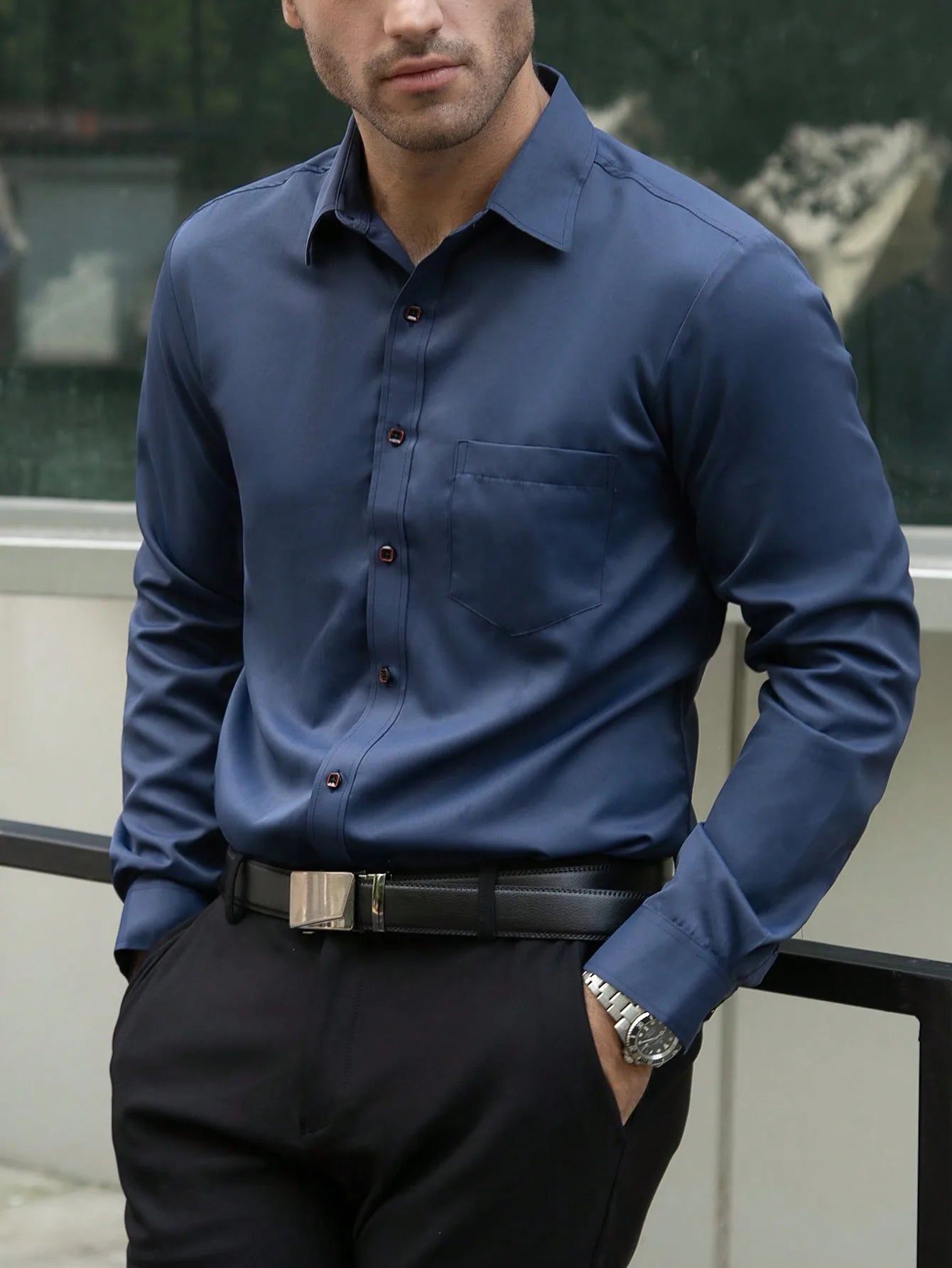 Men's Slim Fit Plain White Long Sleeve Button Up Shirt with Chest Pocket for Business or Casual Wear