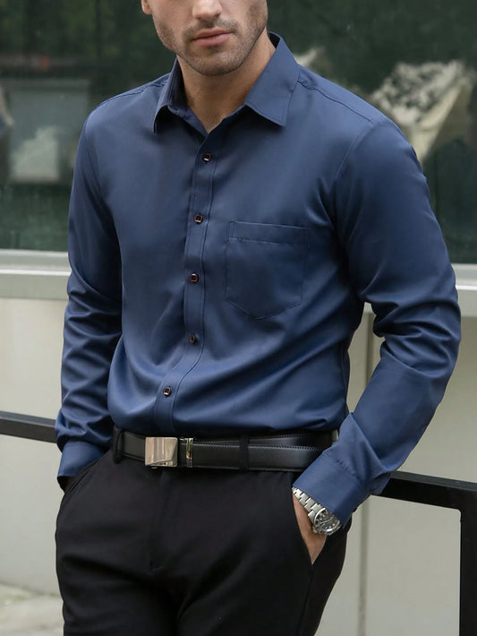 Men's Slim Fit Plain White Long Sleeve Button Up Shirt with Chest Pocket for Business or Casual Wear