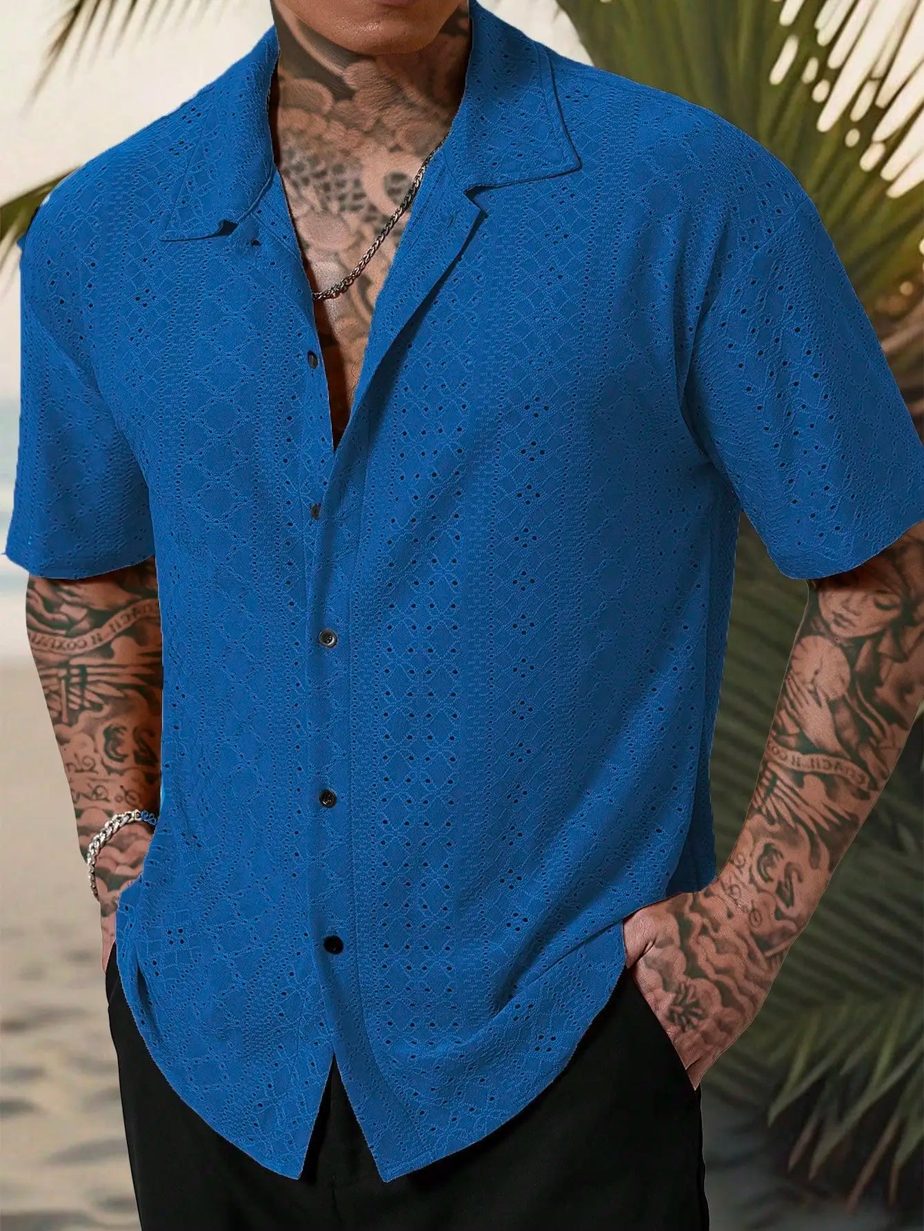 Men's Mustard Yellow Eyelet Lace Short Sleeve Casual Shirt, Loose Fit Button-Down for Beach & Festival