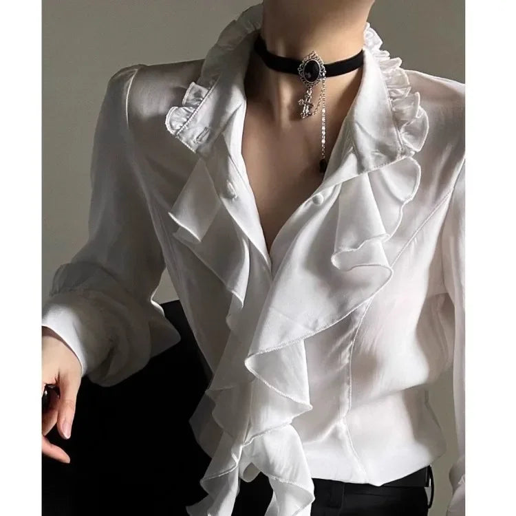Harajuku Vintage Black Bottoming Shirt Women Stand Collar Ruffles Slim Blouses Japanese Victorian Long Sleeve Blusas De Mujer