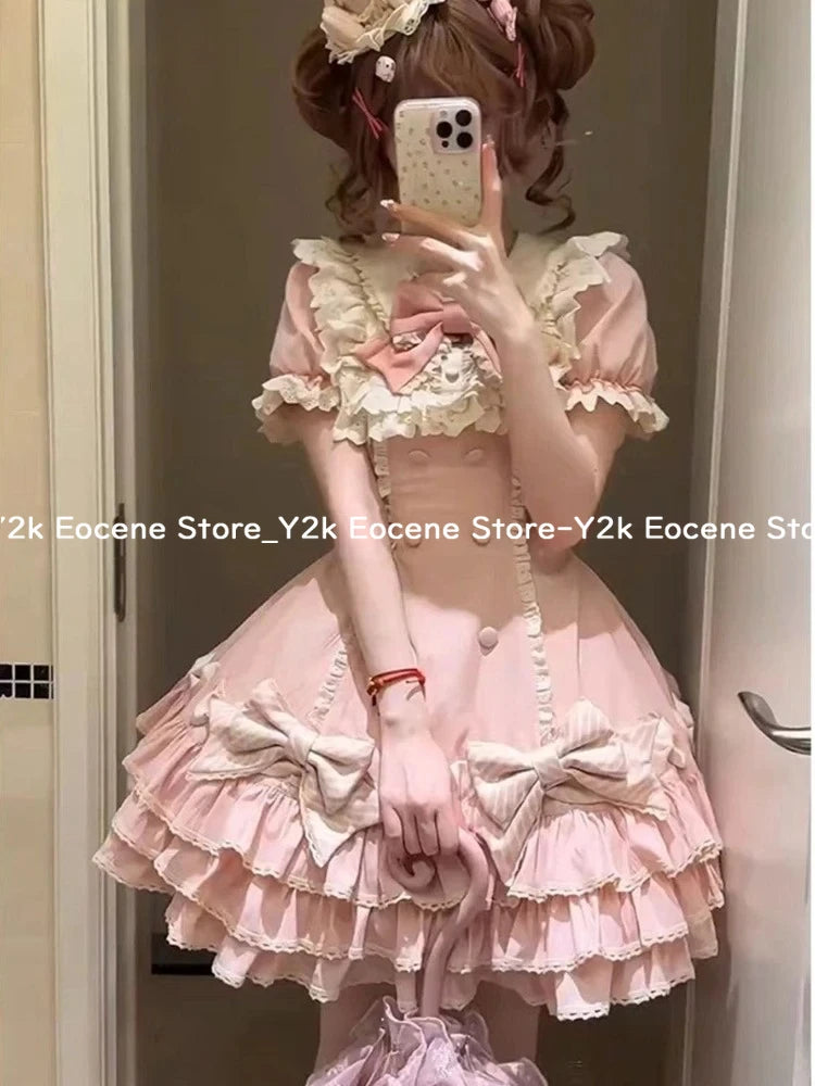 Japanese Sweet Lolita Kawaii Short Dress Women Pink Princess Y2k Bow Ruches Slim Dresses Female Korea Style Design Chic Outfits