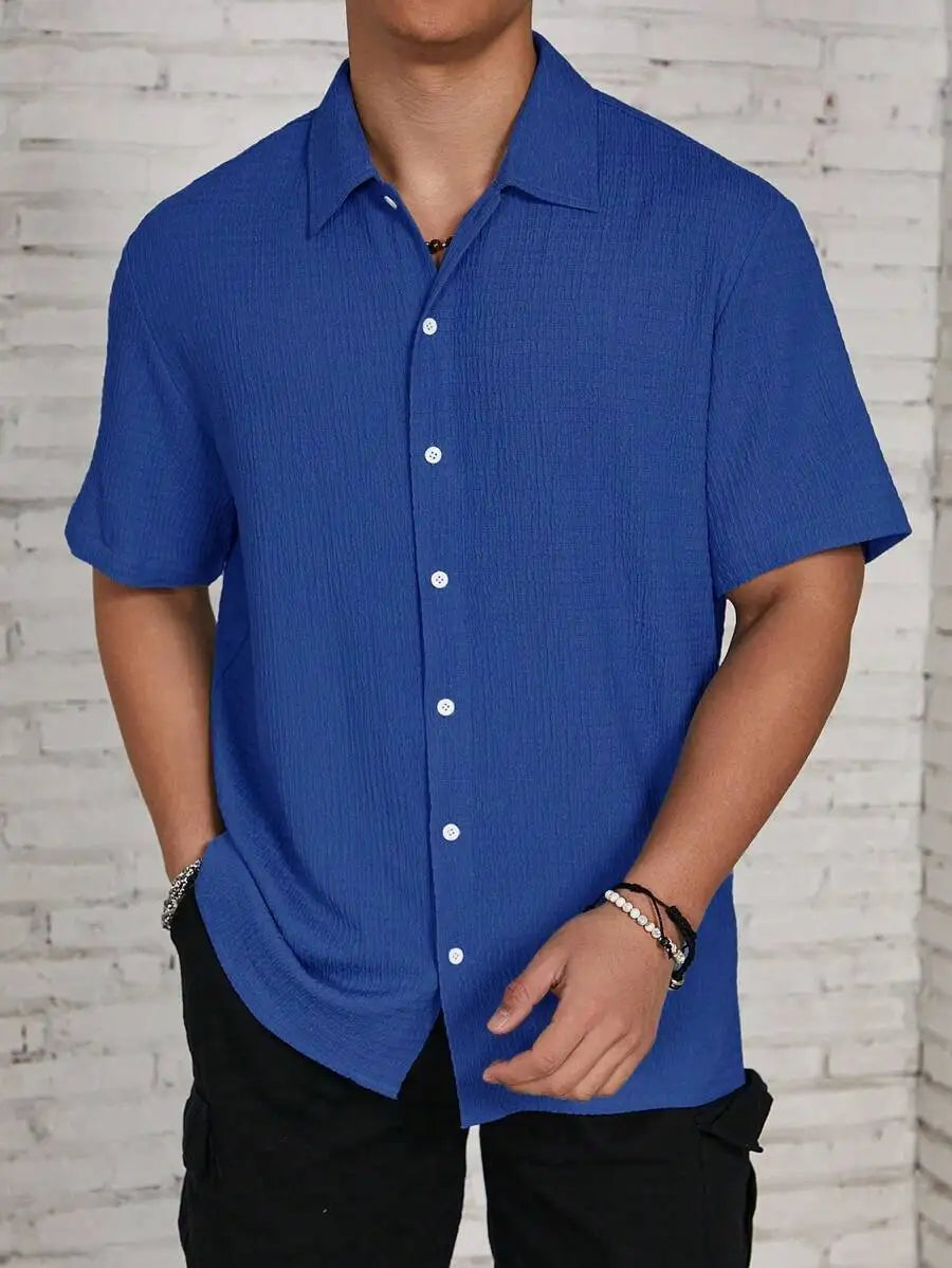 Men's Textured Knit Short Sleeve Button-Front Shirt, Loose Fit, Resort Casual Style