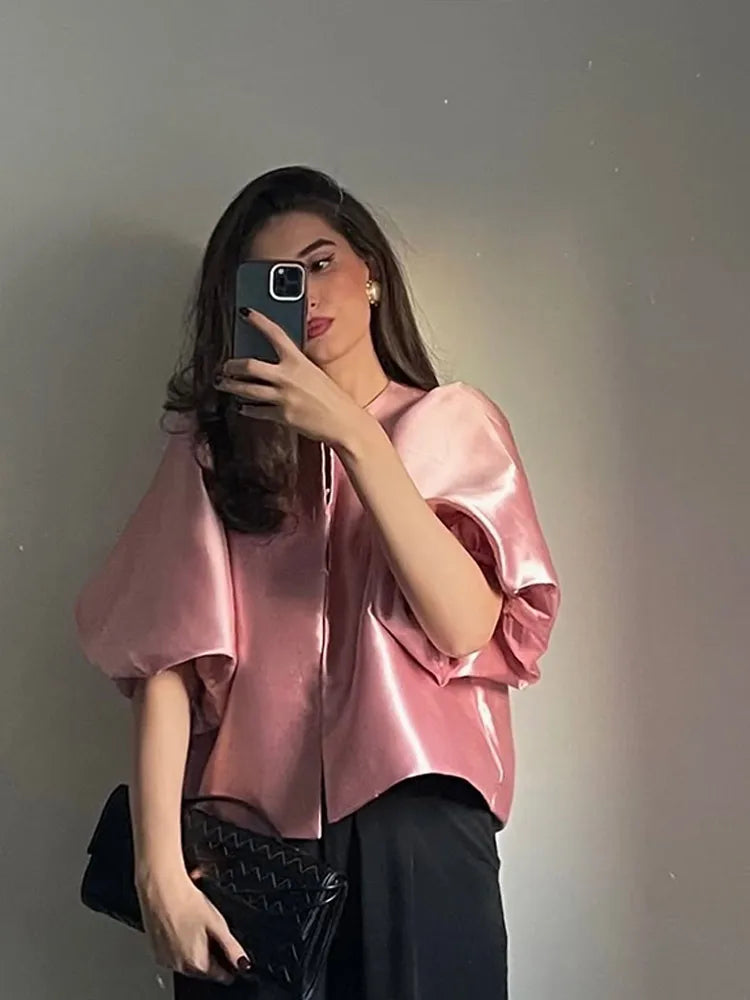 Spring Summer New Women's Fashion Casual Shirt Satin Bubble Sleeves Round Neck Loose Short Top Female Elegant Solid Blouses