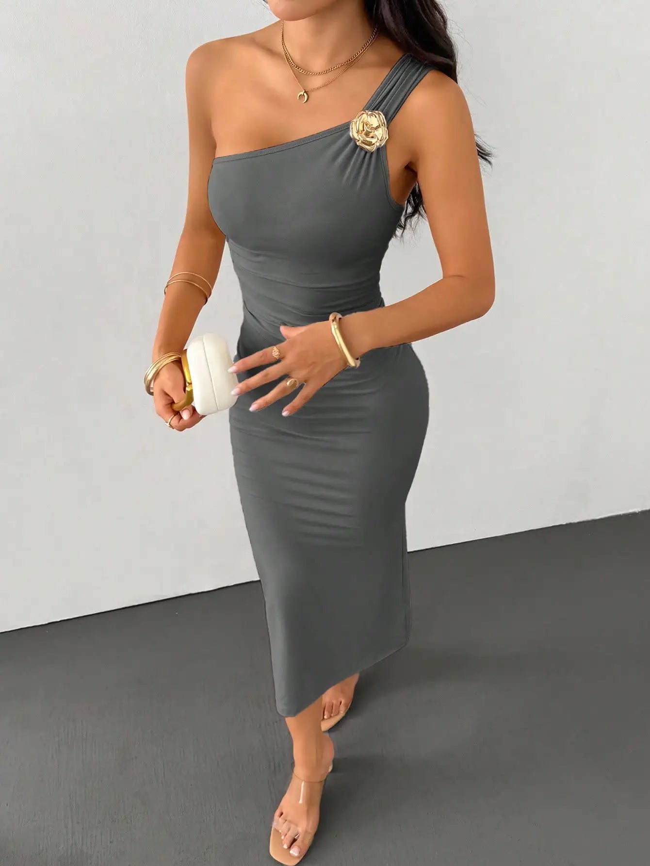 One Shoulder Ruched Fishtail Dress With Gold Brooch Asymmetric Neck Party Dress