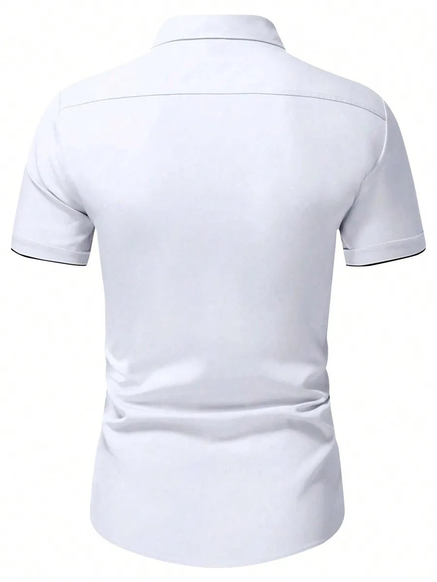 Men's White Short Sleeve Casual Shirt with Black Trim Collar and Cuffs