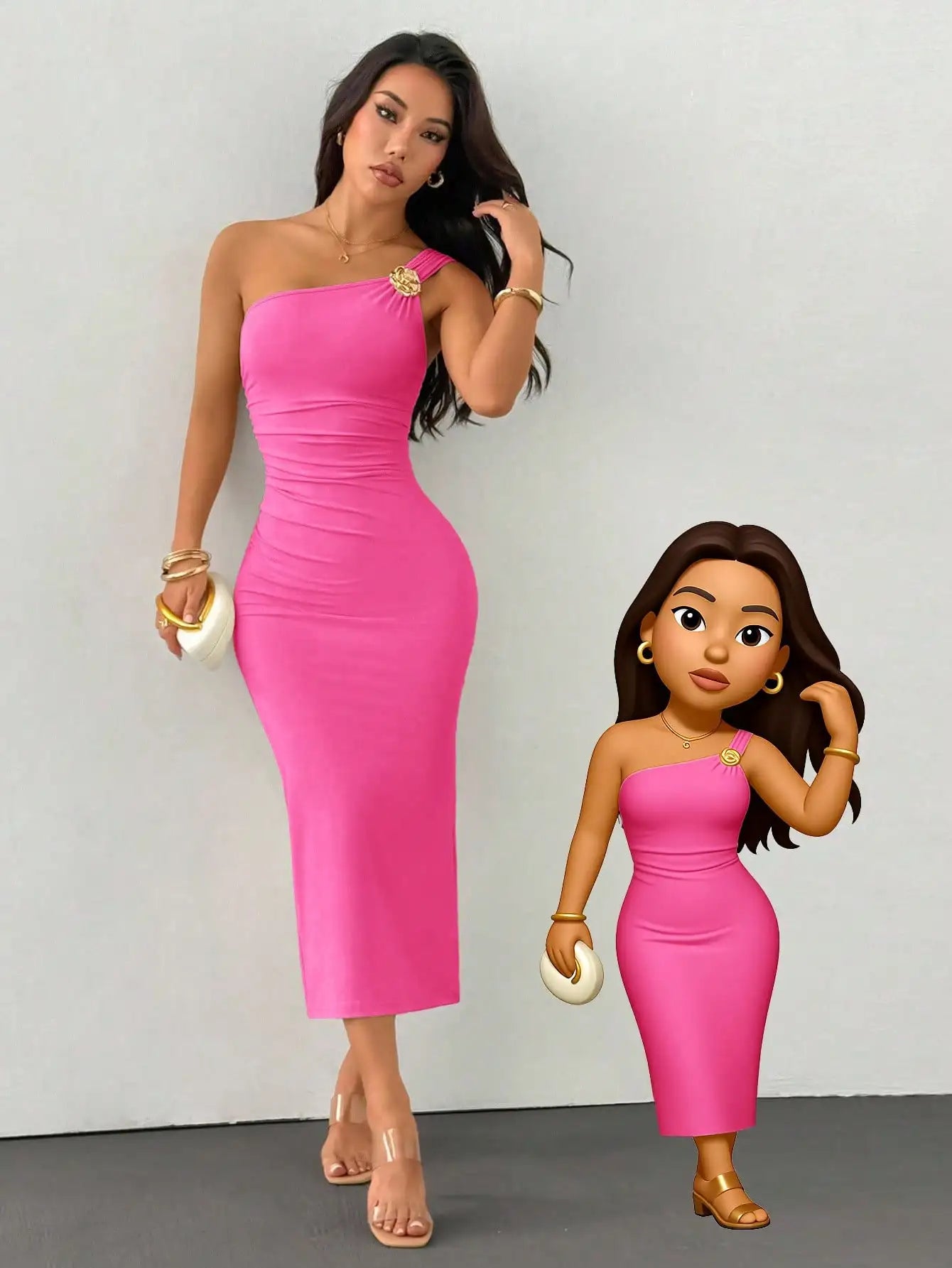 One Shoulder Ruched Fishtail Dress With Gold Brooch Asymmetric Neck Party Dress