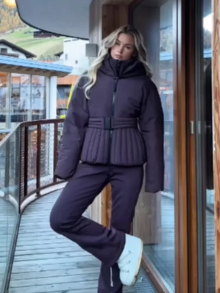 Belted Chic Hooded Cotton Coat Women Casual Full Sleeve Stand Collar Zipper Short Skiwear 2026 Lady Winter Sport Puffer Jacket