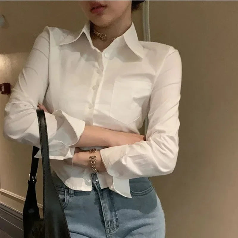 2025 Spring Commuter Long Sleeve New Female Crop Tops Korean White Office Women Chiffon Shirt Pocket Button Lapel Ladies Blouse