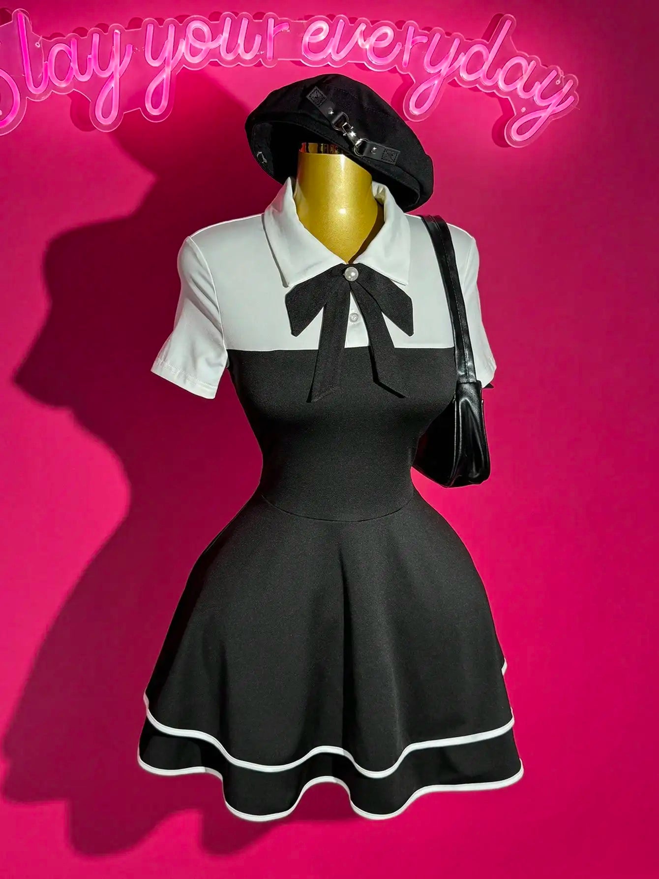 Polo Collar Bowknot Color Block Mini Dress with Ruffle Hem, A-Line Fit for Casual Date Party