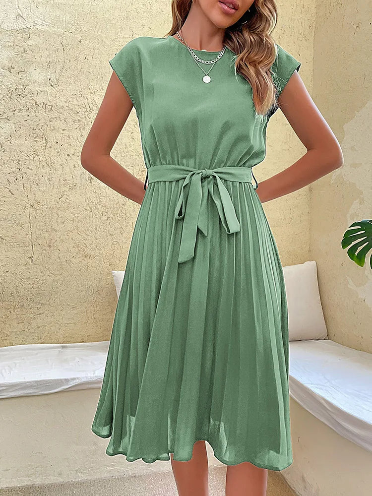 Elegant Women Summer Casual Beach Sundress Short Sleeve Pleated Midi Dress Soild Colour O Neck Tunic Dresses Fashion