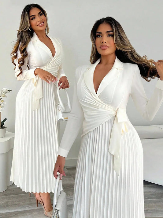 Women's Wrap Front Pleated Shirt Dress with Cinched Waist, Long Sleeve, V-Neck, Office to Evening Wear
