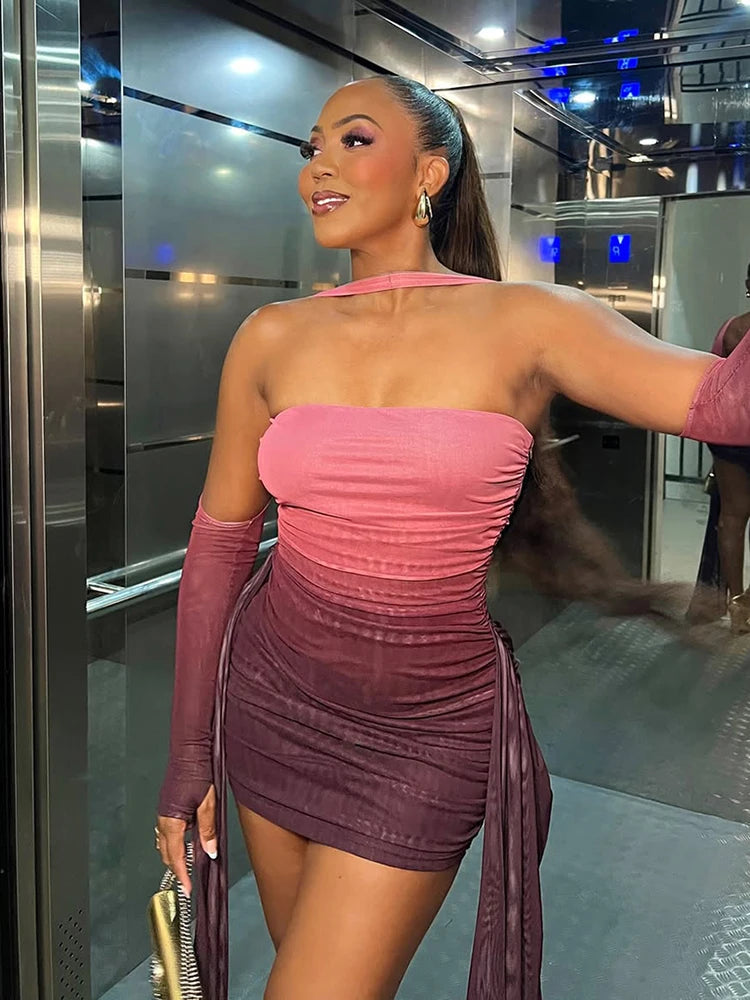 Weird Puss Sexy See Through Dress+Shawl Women Side Ribbon Ruched Coquette Skinny Midnight Clubwear Summer Vacation Party Bodycon