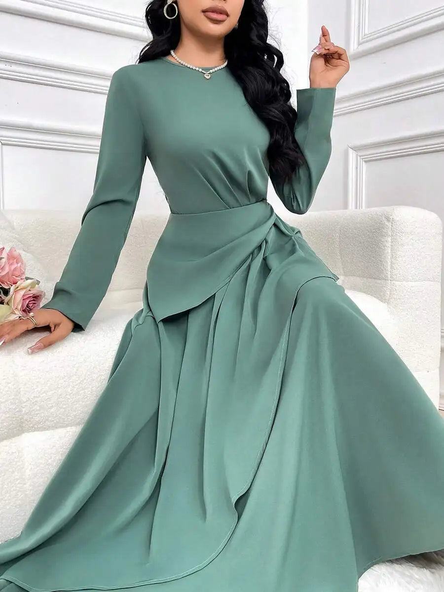 Women's Sage Green Round Neck Long Sleeve Asymmetrical Pleated Maxi Dress