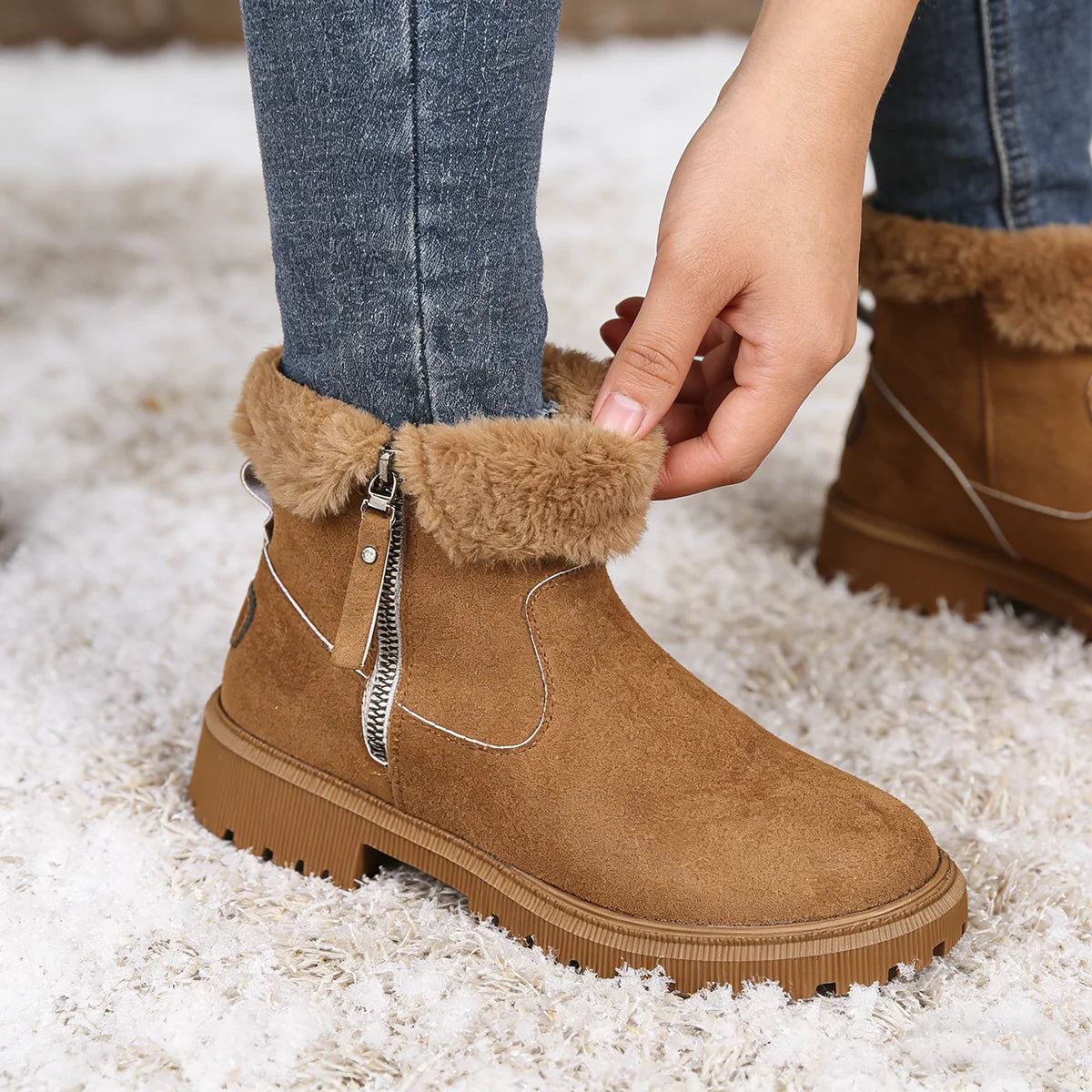 Women Snow Boots 2026 Winter New Solid Color Plush Zipper Thick Bottom Anti Slip Warm Cold Proof Cotton Shoes Snow Boots