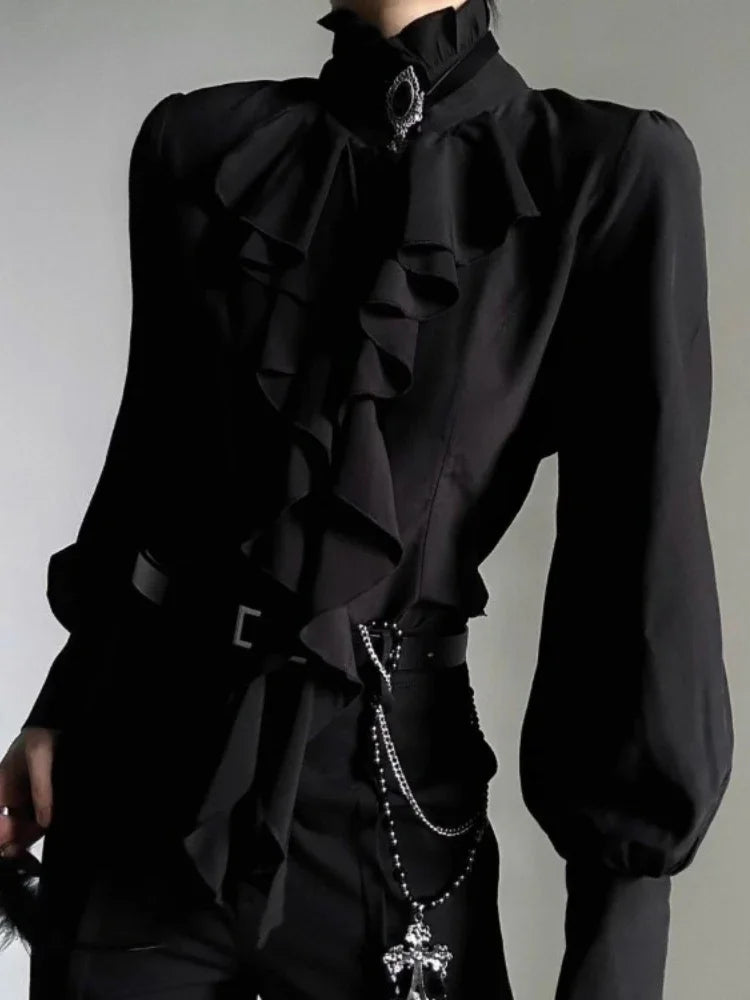 Harajuku Vintage Black Bottoming Shirt Women Stand Collar Ruffles Slim Blouses Japanese Victorian Long Sleeve Blusas De Mujer
