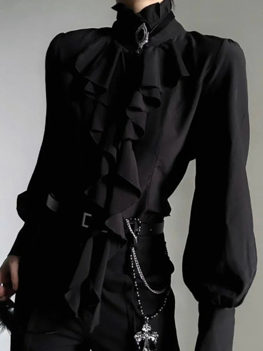 Harajuku Vintage Black Bottoming Shirt Women Stand Collar Ruffles Slim Blouses Japanese Victorian Long Sleeve Blusas De Mujer
