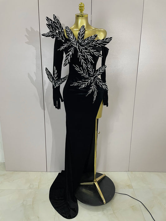 Shiny Diamond Velvet Sexy Side Slit Floor Length Dress With Gloves Women Chic Birthday Banquet Show Host Nightclub Stage Wear