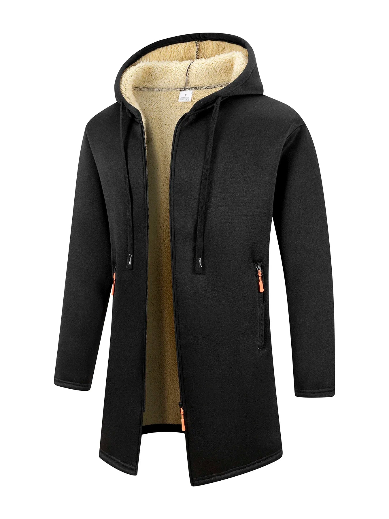 Men's Winter Warm Long Coat Zipper Jacket Zip Windbreaker Thick Fleece Windproof Overcoat Casual Contrast Color Hooded Jacket