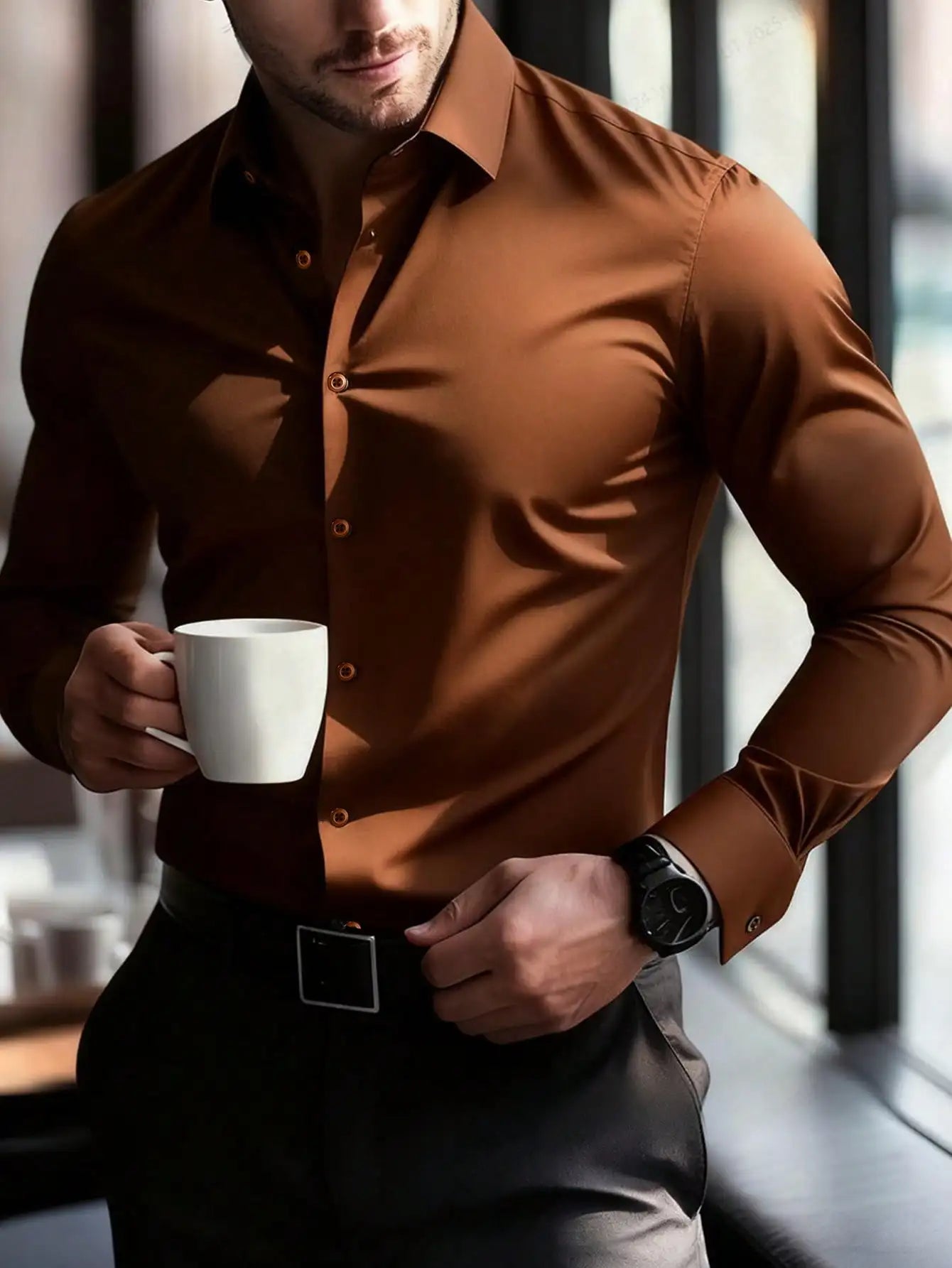 Men's Bright Pink Long Sleeve Slim Fit Casual Business Shirt