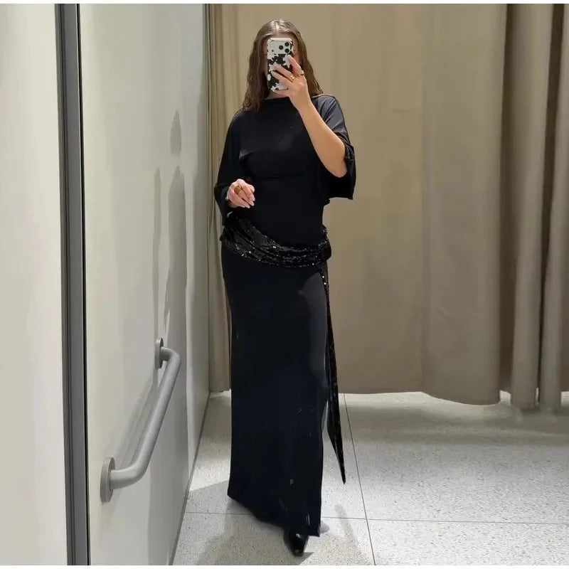 Women Backless Sequin Patchwork Maxi Dress Elegant Wide Sleeve Long Gowns Feminine New Fashion Evening Party Daily Robes