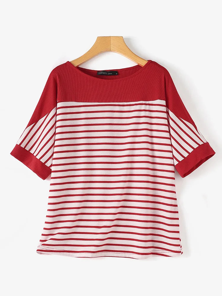 ZANZEA Elegant Striped Patchwork Blouse Women Half Sleeve Office Wear 2024 Summer T-shirt Fashion Loose Casual O-neck Tunic Tops