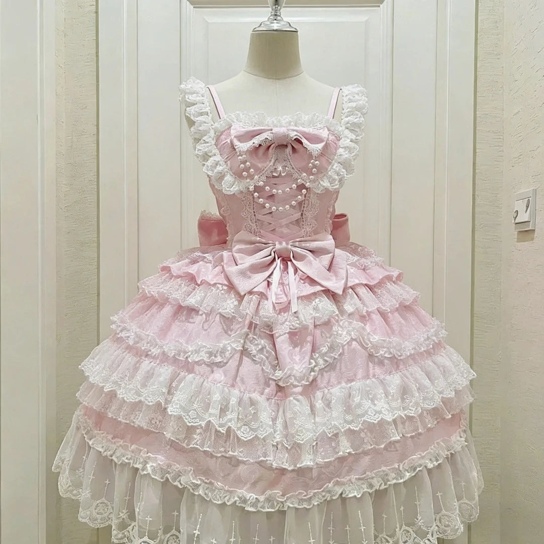 Summer Japanese Style Kawaii Lolita Dress Women Party Vintage Sweet Lace Bow Birthdays Cake Dresses Harajuku Y2k Bandage Dress