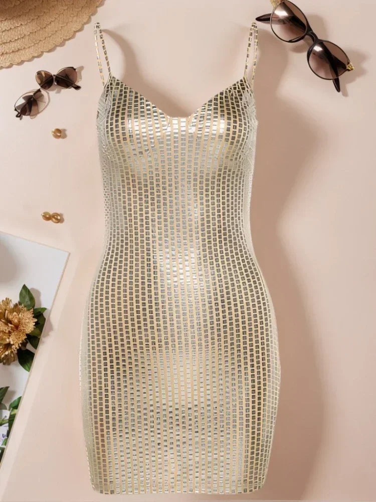 2025 New Summer Sexy Women Dresses Night Club Minis Strap Party Evening Dresses Backless Birthday Checkered Sequins Long Dresses
