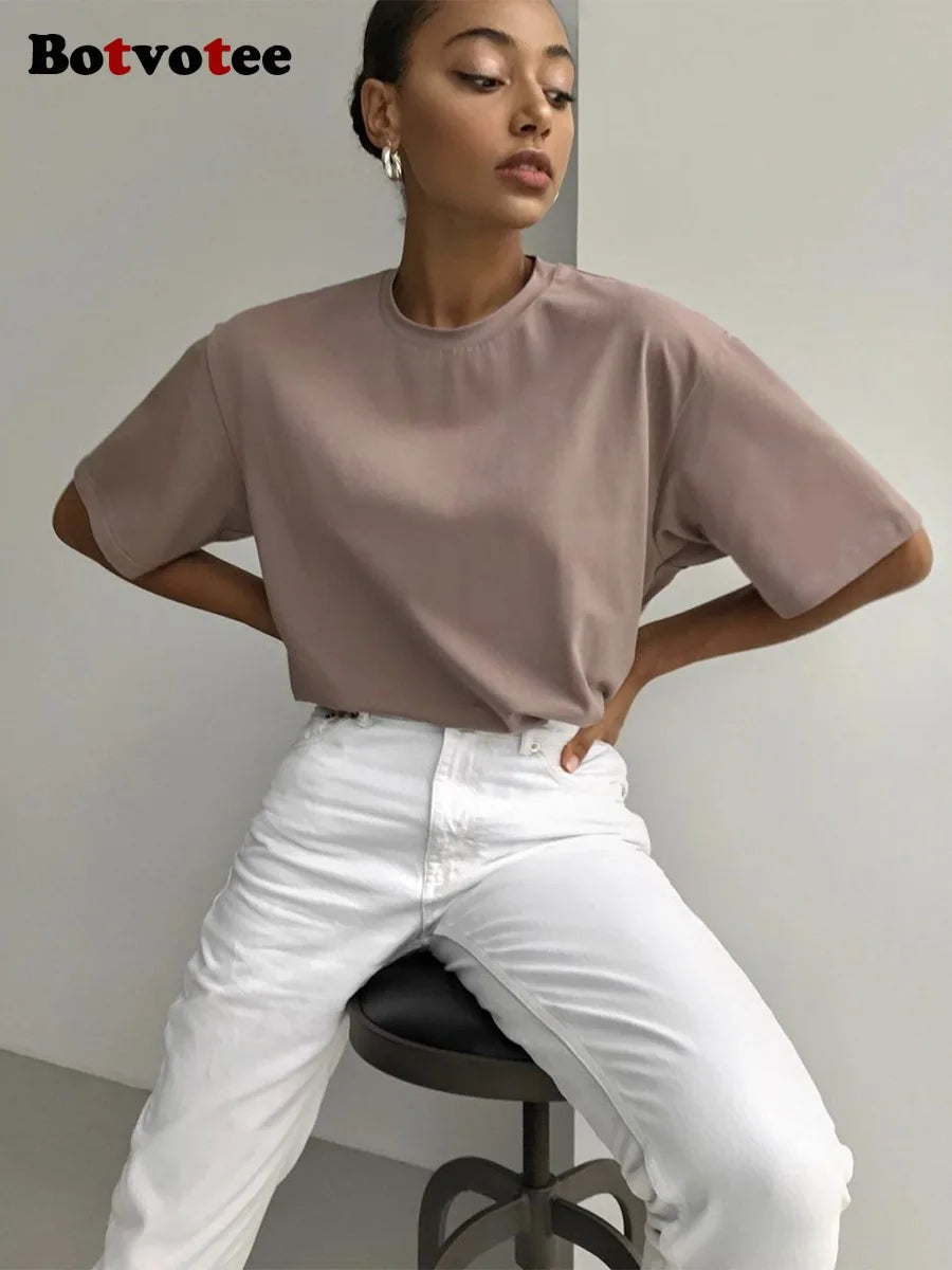 Botvotee 21 Colors Ins Fashion Summer Oversized Basic Soild T Shirts for Women 100% Cotton White Black Pink T-shirt Casual Tops