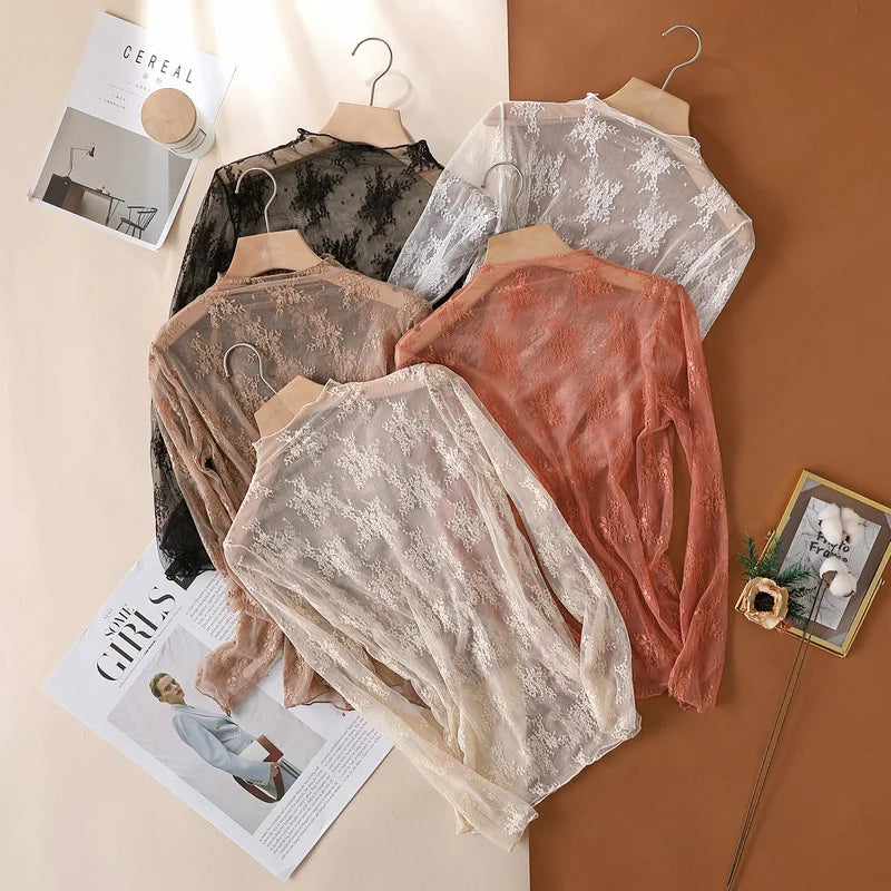 S-XL New Women Lace Shirt Spring Autumn Sexy Mesh Shirts Lace-Collared Blouse Long Sleeve Bottoming Shirt Pullover Top