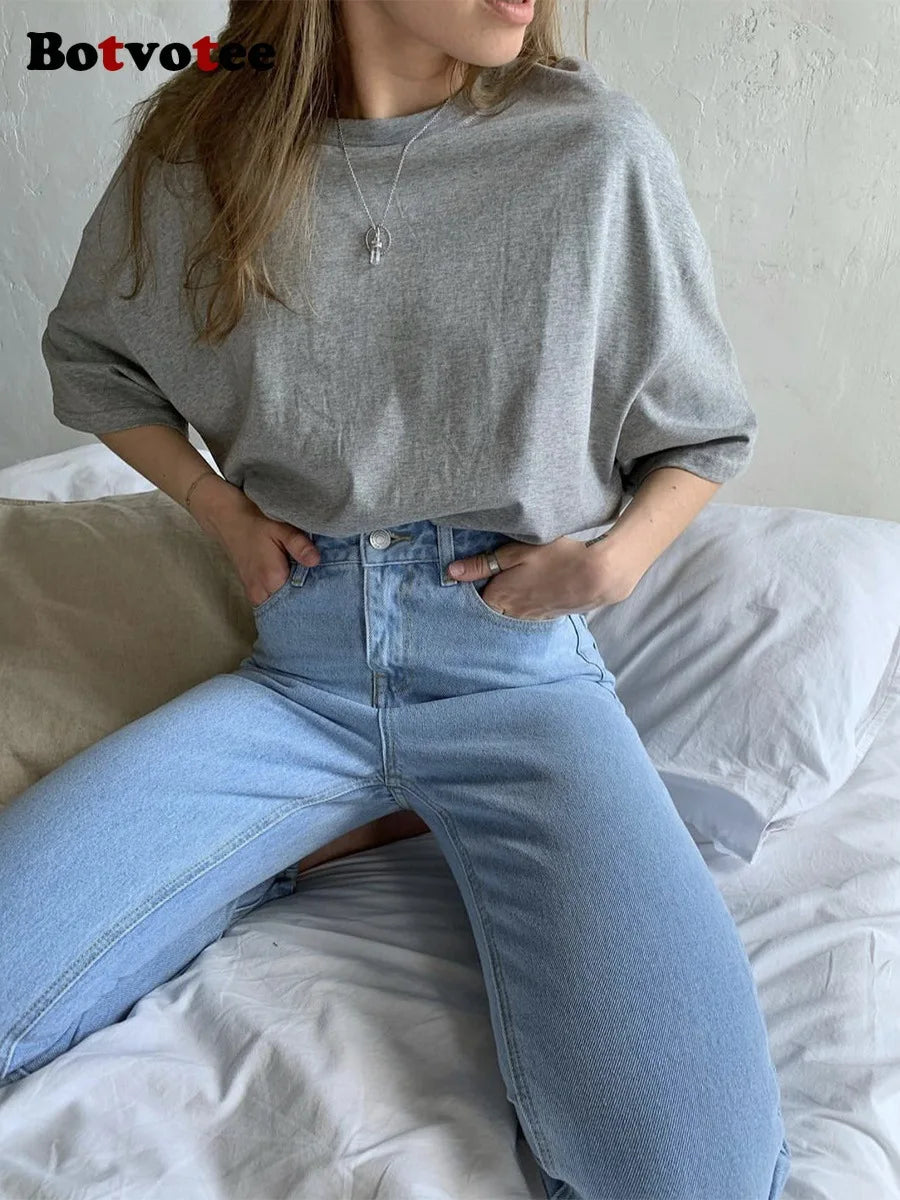 Botvotee 21 Colors Ins Fashion Summer Oversized Basic Soild T Shirts for Women 100% Cotton White Black Pink T-shirt Casual Tops