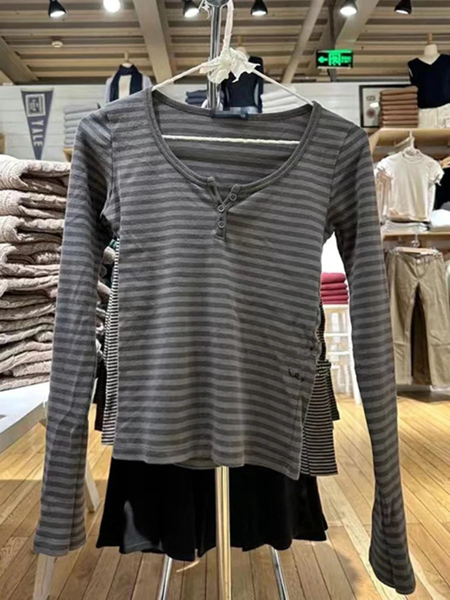 Pink Striped Slim Long Sleeve Tees Women Spring Casual Cotton O-neck Tshirt New Tops Clothes Sweet Cute  Vintage T-shirts Y2K