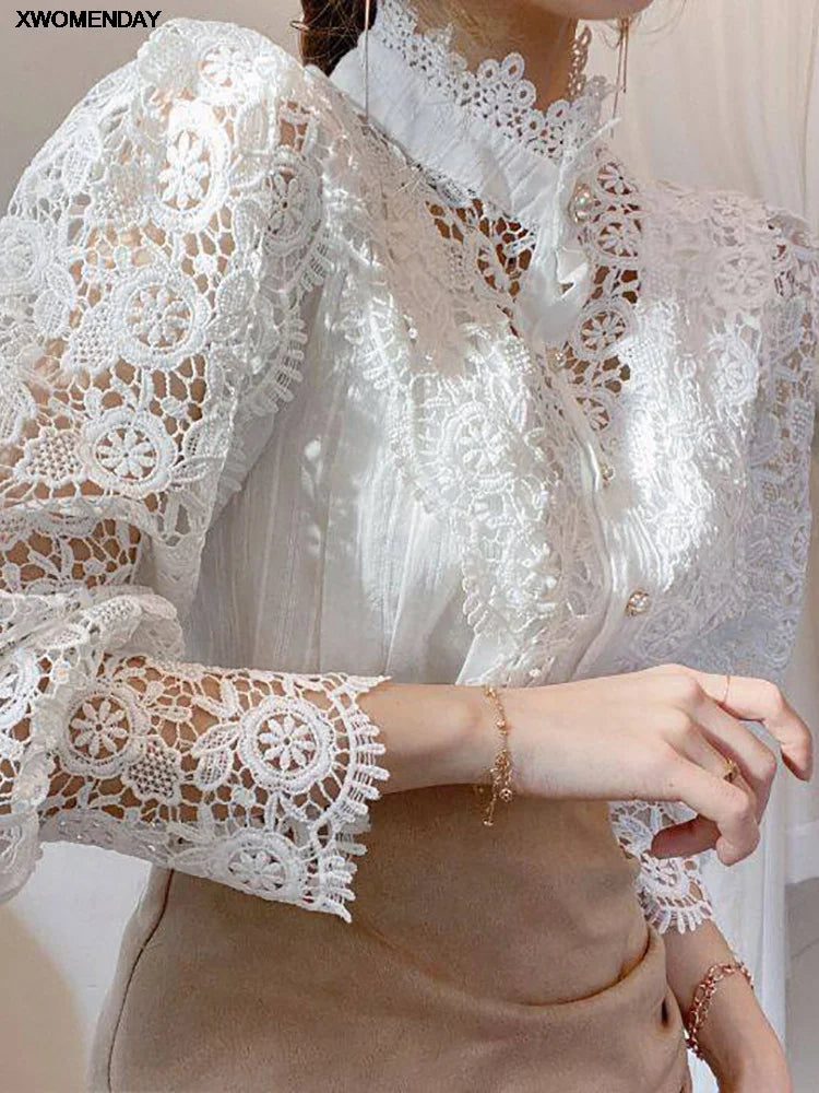 Women Chiffon Button Turtleneck Shirt Chic Elegant Floral Lace Fluffy Long Sleeve Top Fashion Hollow Oversize White Blouse 2025