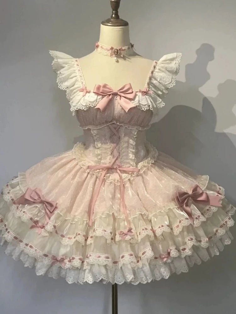 2025 Japanese Sweet Lolita Kawaii Dress Women Spring Printed Bow Fake Two Piece Dress Female Korea Style Design Party Clothing