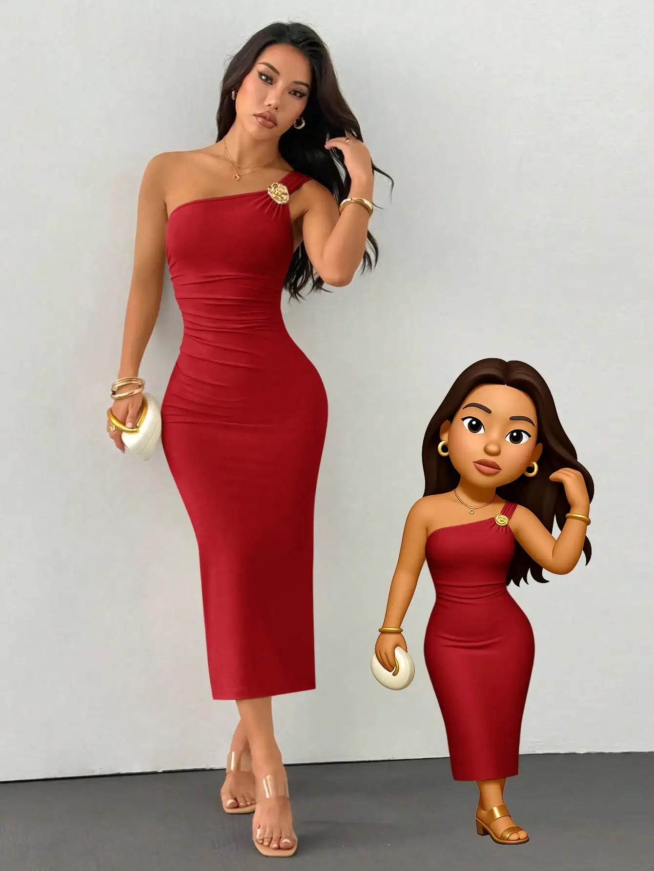 One Shoulder Ruched Fishtail Dress With Gold Brooch Asymmetric Neck Party Dress