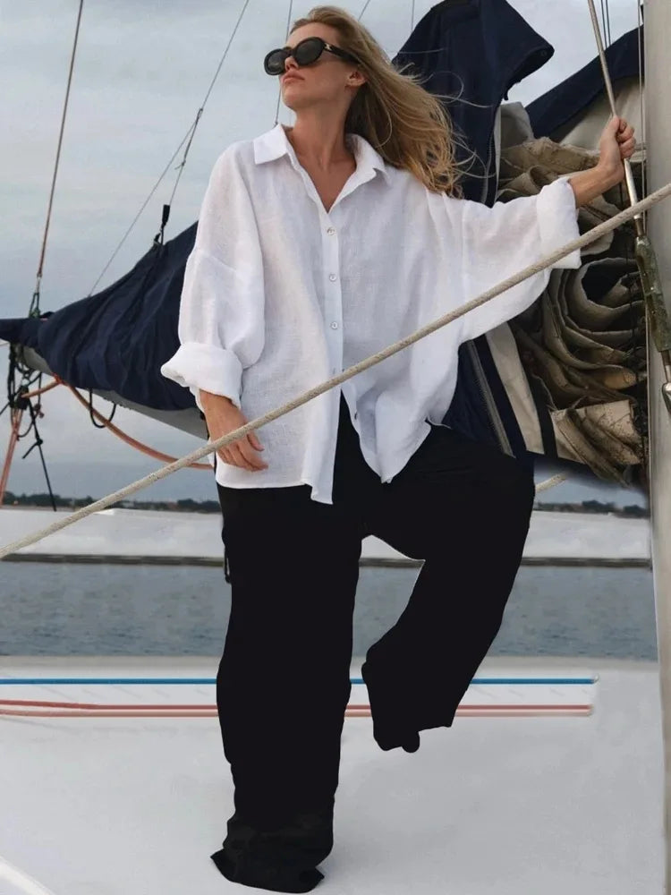 Ammug White Women's Shirt Long Sleeve Elegant Solid Blouse Woman Vintage Summer Loose Shirts for Women Basic Top Collar