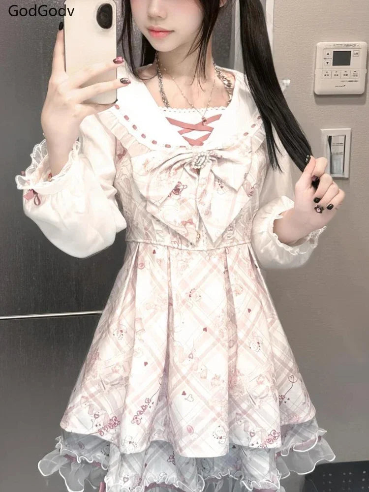 2025 Japanese Sweet Lolita Kawaii Dress Women Spring Printed Bow Fake Two Piece Dress Female Korea Style Design Party Clothing