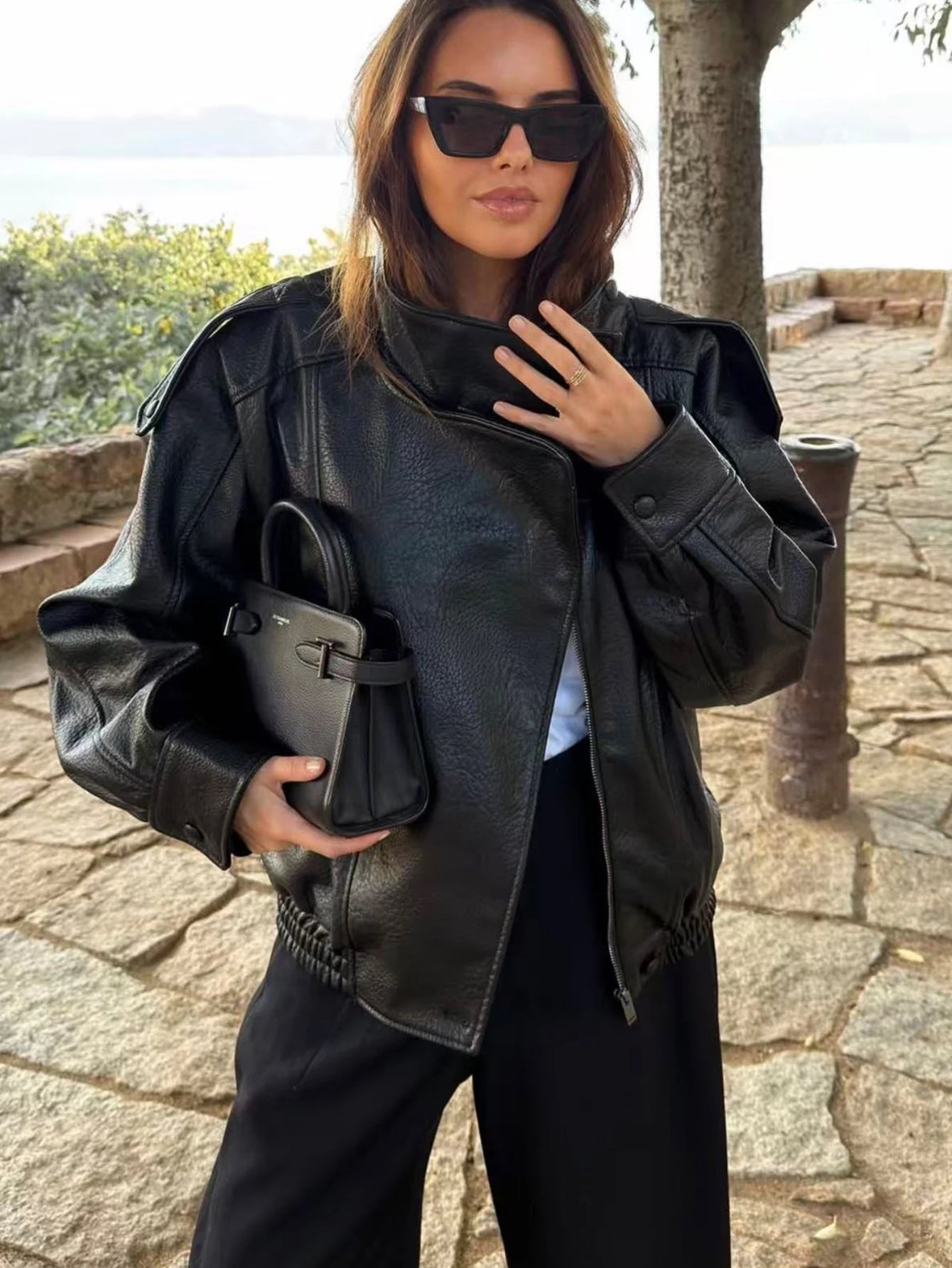 TFMLN 2025 Women Faux Leather Loose Jacket High Street Stand Collar Long Sleeve Coat Fashion Causal Zipper Outwear Autumn Winter